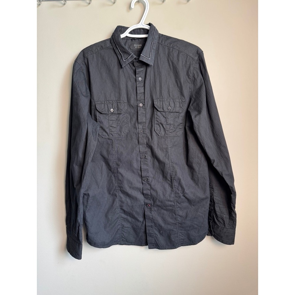 Guess Los Angeles Long‎ Sleeve Button Down Shirt Large Black Textured Urban Goth